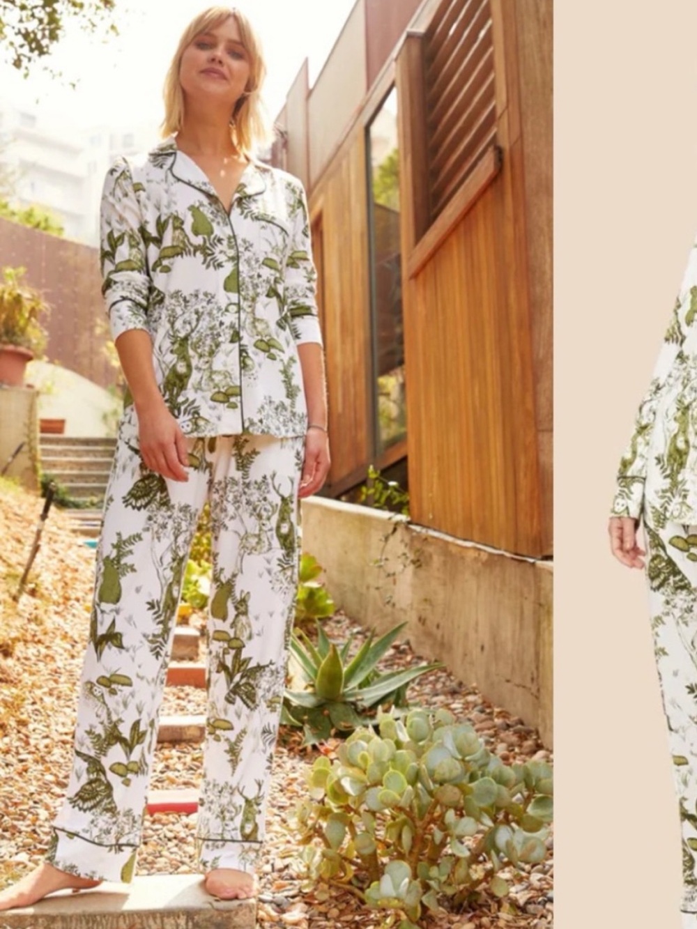 NWT The Cats Pajamas Woodside Set Green White Rabbit Owl Deer Size XL Pockets